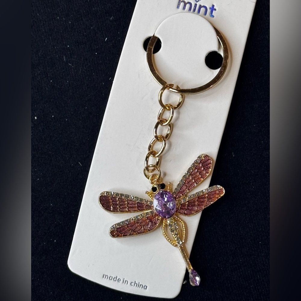 Mint BAG CHARM Sparkly Dragonfly Purple Crystal Keychain/Purse Charm